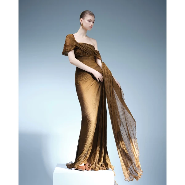 Marmar Halim Off-Shoulder Hand-Pleated Chiffon Dress Dresses