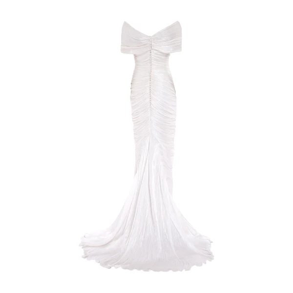 Marmar Halim Off Shoulder Hand Pleated Draped Satin - Like Gown Gowns
