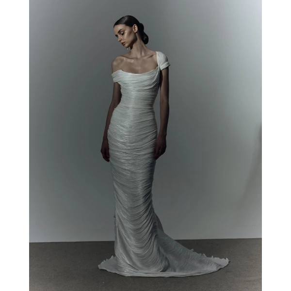 Marmar Halim Off Shoulder Hand Pleated Draped Satin – Like Gown, view 5