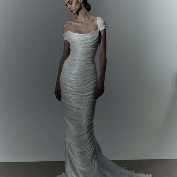 Marmar Halim Off Shoulder Hand Pleated Draped Satin - Like Gown Gowns