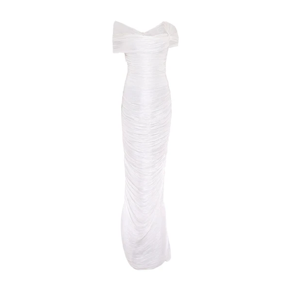 Marmar Halim Off Shoulder Hand Pleated Draped Satin - Like Gown Gowns
