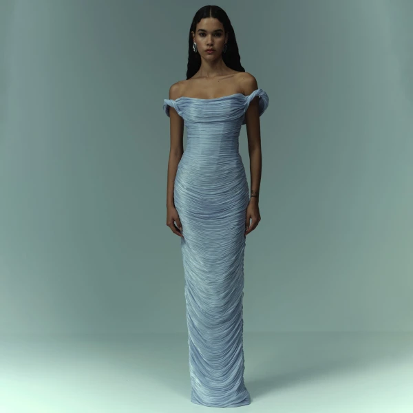 Hand Pleated Draped Satin-Like Gown With Soft Wires On Top Gowns