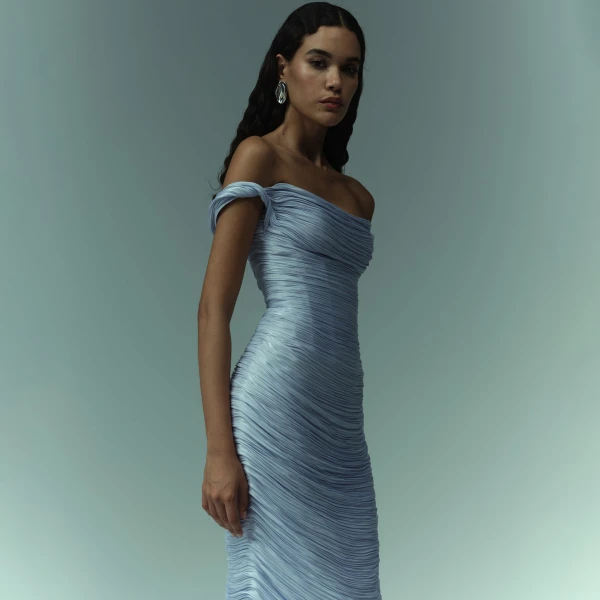 Hand Pleated Draped Satin-Like Gown With Soft Wires On Top Gowns
