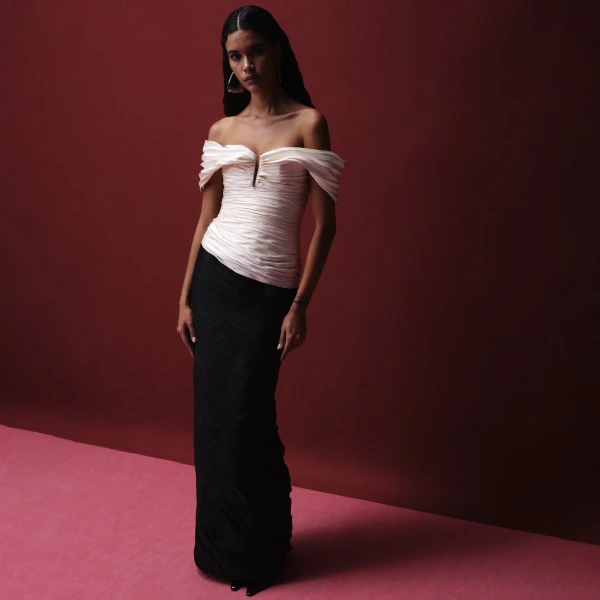Marmar Halim Off Shoulder Hand Pleated Mikado Top And Hand Pleated Taffeta Skirt Skirt