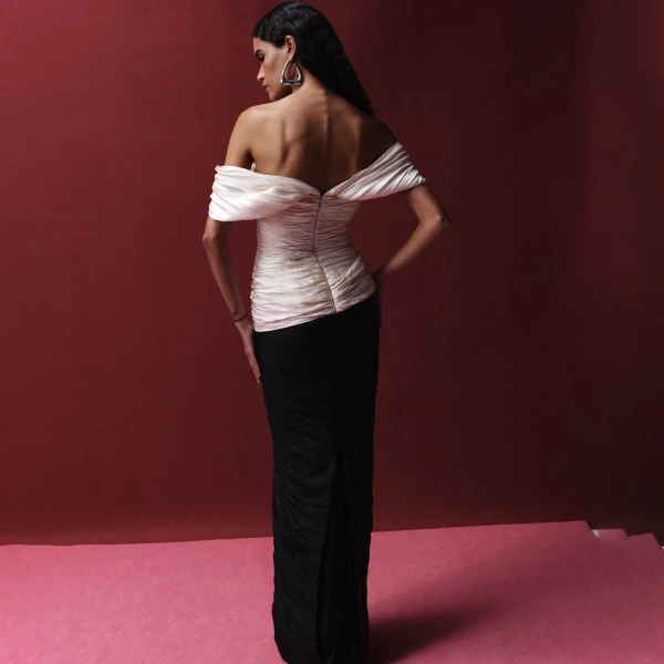 Marmar Halim Off Shoulder Hand Pleated Mikado Top And Hand Pleated Taffeta Skirt Skirt