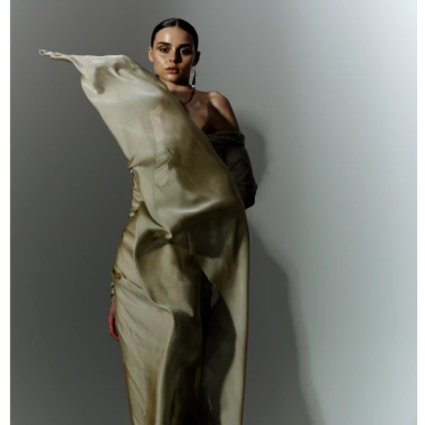 Marmar Halim Off Shoulder Long Sleeve Draped Two-Tone Chiffon Gown Gowns