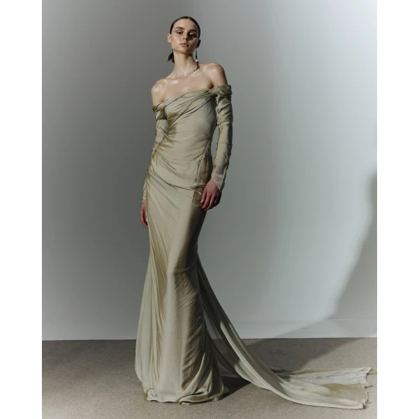 Marmar Halim Off Shoulder Long Sleeve Draped Two-Tone Chiffon Gown, view 3