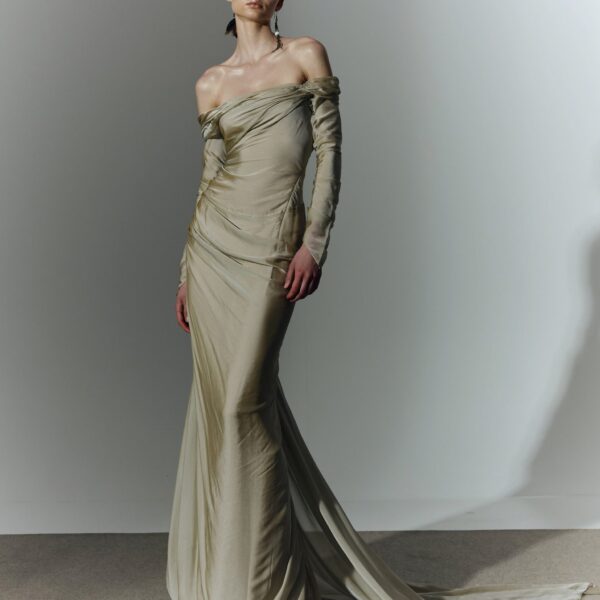 Marmar Halim Off Shoulder Long Sleeve Draped Two-Tone Chiffon Gown Gowns