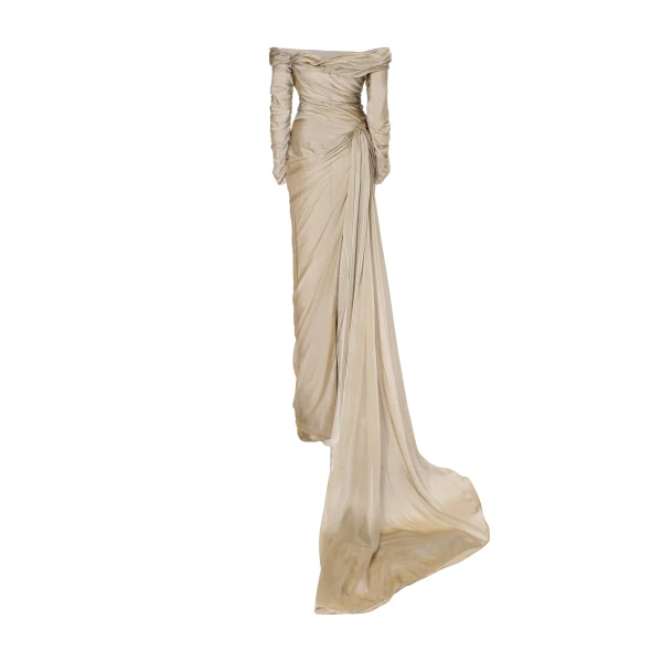 Marmar Halim Off Shoulder Long Sleeve Draped Two-Tone Chiffon Gown Gowns