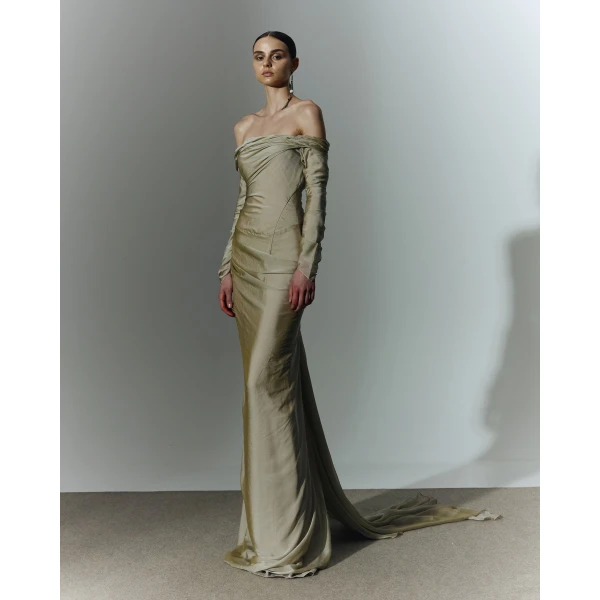 Marmar Halim Off Shoulder Long Sleeve Draped Two-Tone Chiffon Gown, view 5