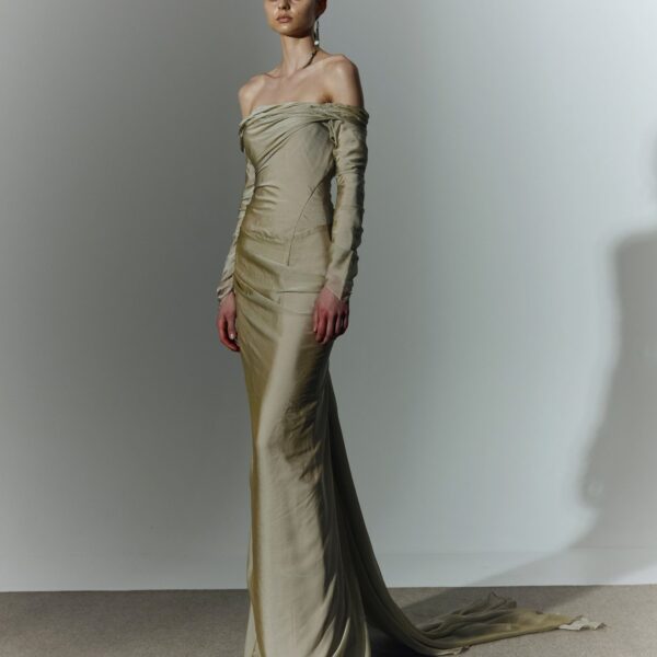 Marmar Halim Off Shoulder Long Sleeve Draped Two-Tone Chiffon Gown Gowns