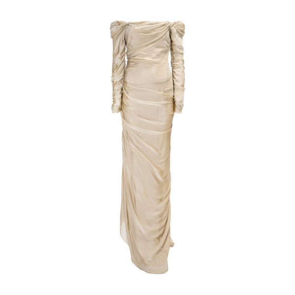 Marmar Halim Off Shoulder Long Sleeve Draped Two-Tone Chiffon Gown Gowns