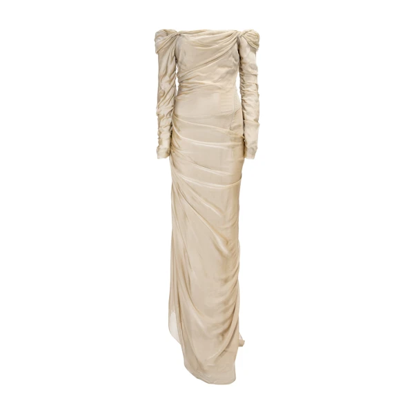 Marmar Halim Off Shoulder Long Sleeve Draped Two-Tone Chiffon Gown Gowns
