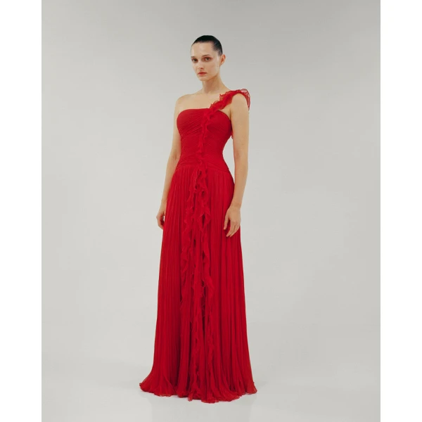 Marmar Halim One Shoulder Chiffon Georgete Pleated A-Line Cut Dress Dresses