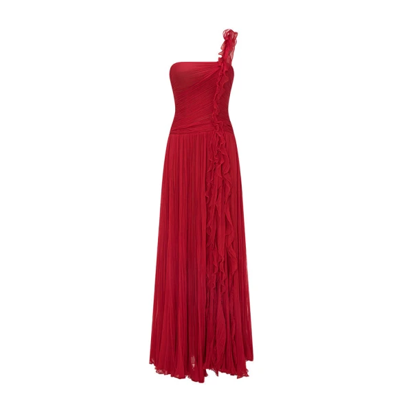 Marmar Halim One Shoulder Chiffon Georgete Pleated A-Line Cut Dress Dresses