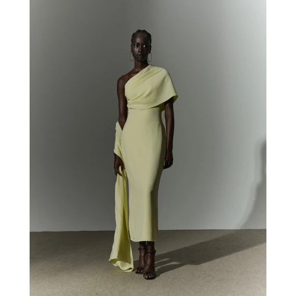 Marmar Halim One Shoulder Crepe Gown With Cape, view 2