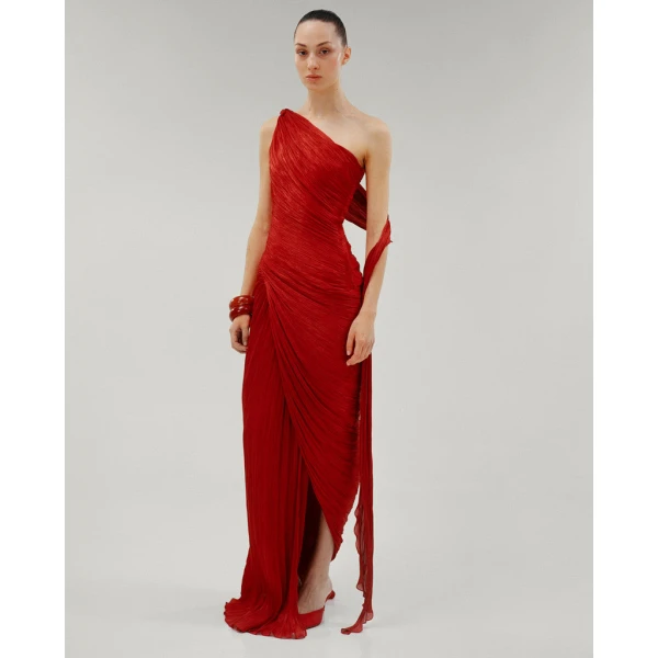 Marmar Halim One Shoulder Draped Silk Roseya Hand Pleated Gown Gowns