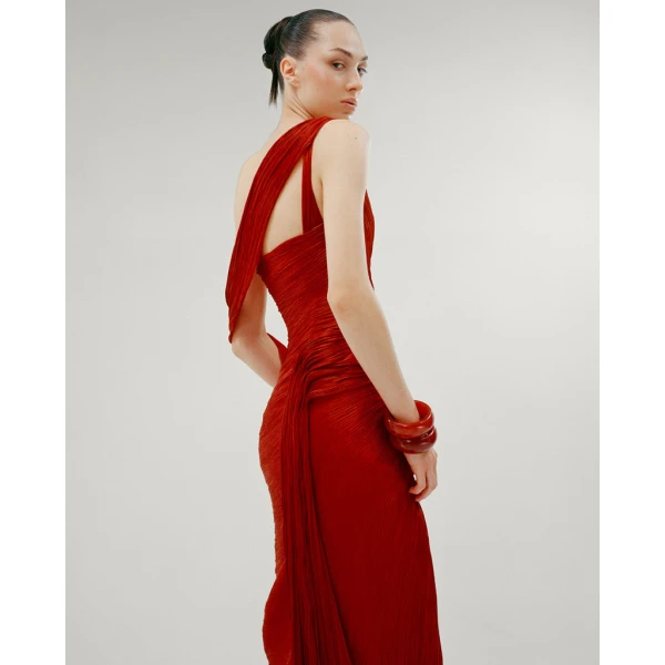 Marmar Halim One Shoulder Draped Silk Roseya Hand Pleated Gown Gowns