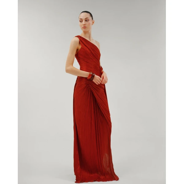 Marmar Halim One Shoulder Draped Silk Roseya Hand Pleated Gown Gowns
