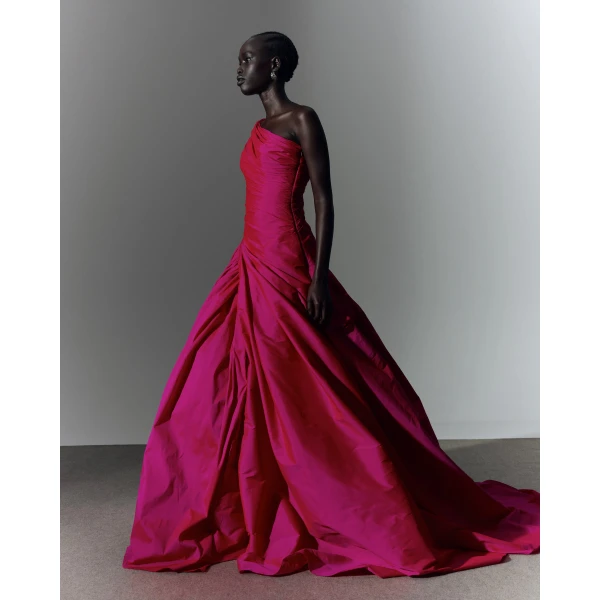 Marmar Halim One Shoulder Draped Tafeta Gown With Slit, view 2