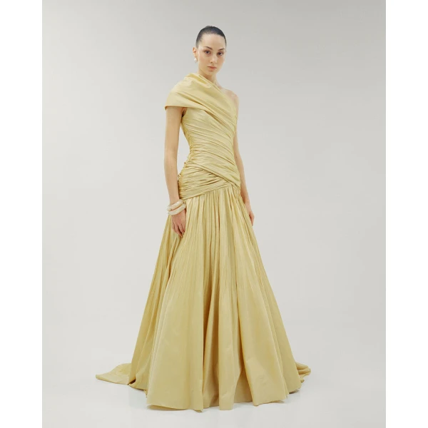 Marmar Halim One Shoulder Draped Taffeta A-Line Cut Dress Dresses
