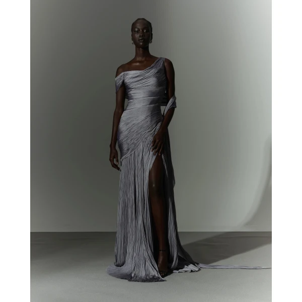 Marmar Halim One Shoulder Hand Pleated Draped Chiffon With Slit And Cape, view 2