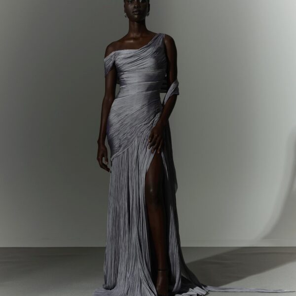 Marmar Halim One Shoulder Hand Pleated Draped Chiffon With Slit And Cape Dresses