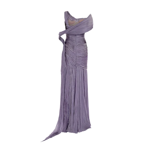 Marmar Halim One Shoulder Hand Pleated Draped Chiffon With Slit And Cape Dresses