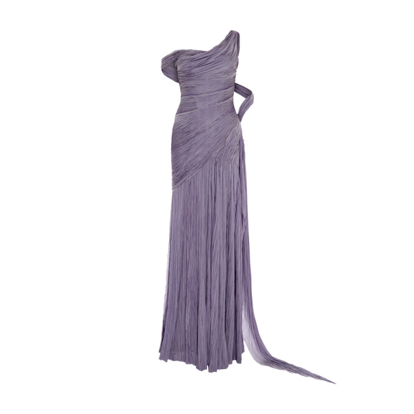 Marmar Halim One Shoulder Hand Pleated Draped Chiffon With Slit And Cape Dresses