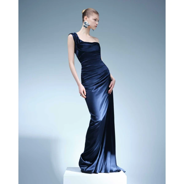 Marmar Halim One Striped Sleeve Silky Satin Gown Gowns