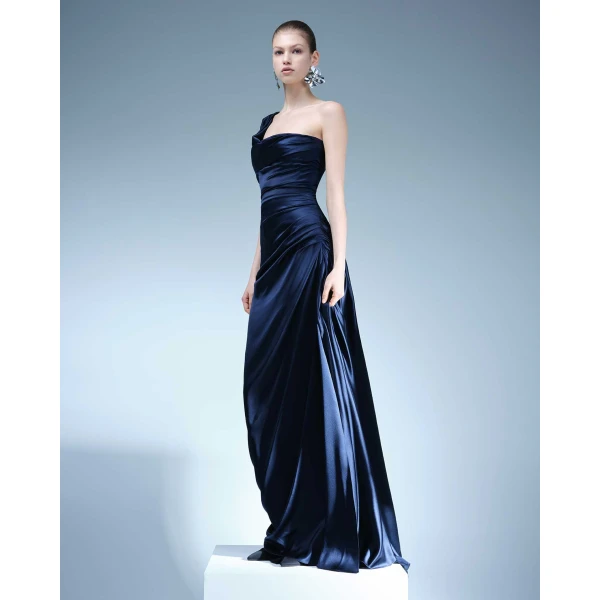 Marmar Halim One Striped Sleeve Silky Satin Gown Gowns