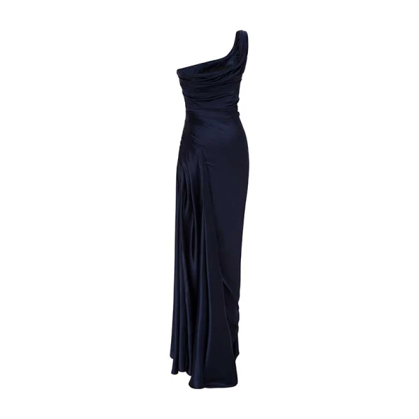 Marmar Halim One Striped Sleeve Silky Satin Gown Gowns
