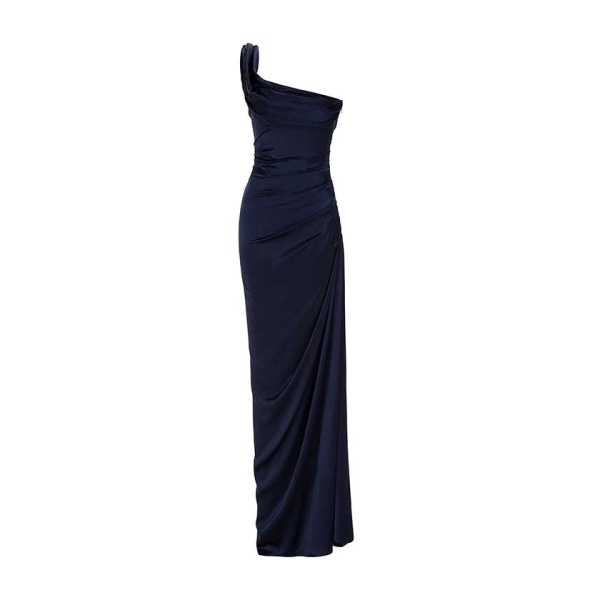 Marmar Halim One Striped Sleeve Silky Satin Gown Gowns
