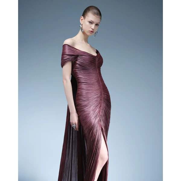 Marmar Halim Pleated Off-Shoulder Gown With Detachable Cape Gowns