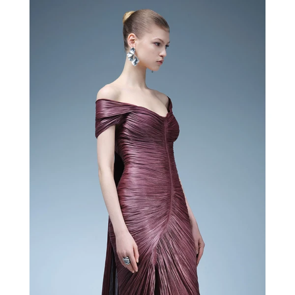 Marmar Halim Pleated Off-Shoulder Gown With Detachable Cape Gowns