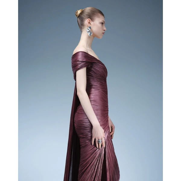 Marmar Halim Pleated Off-Shoulder Gown With Detachable Cape Gowns