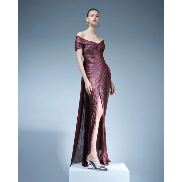 Marmar Halim Pleated Off-Shoulder Gown With Detachable Cape Gowns