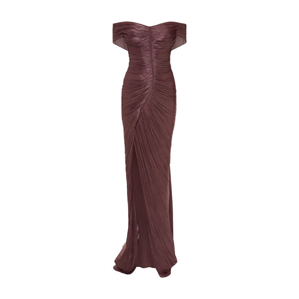 Marmar Halim Pleated Off-Shoulder Gown With Detachable Cape Gowns