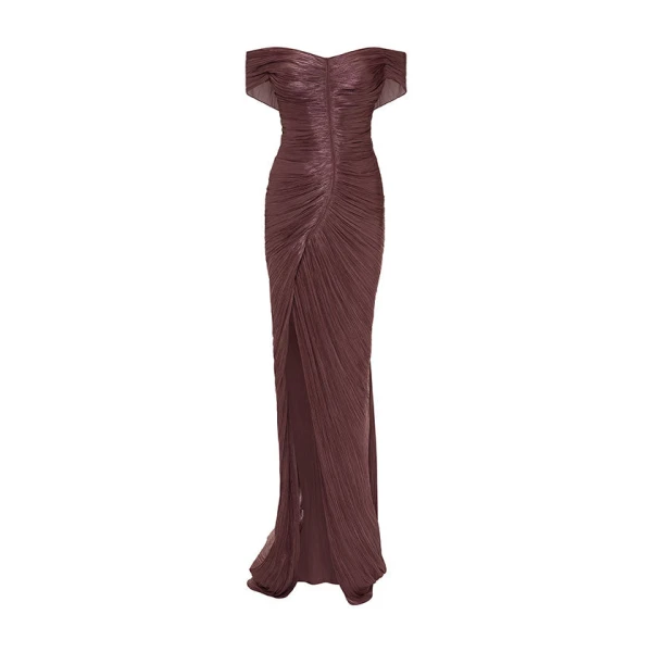 Marmar Halim Pleated Off-Shoulder Gown With Detachable Cape Gowns