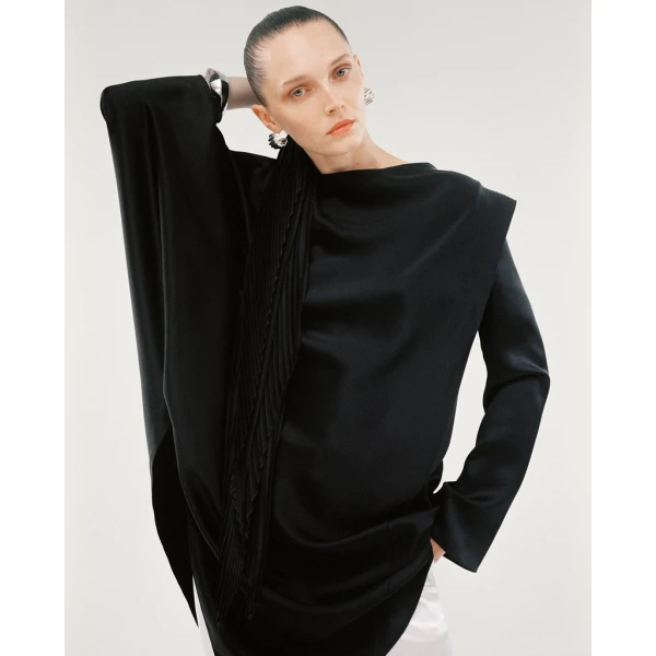 Marmar Halim Silk Satin Asymmetrical Top With One Shoulder Pad Top