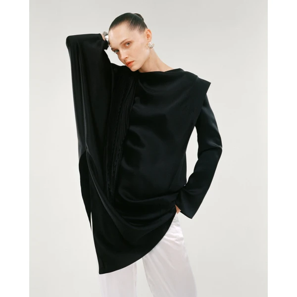 Marmar Halim Silk Satin Asymmetrical Top With One Shoulder Pad Top