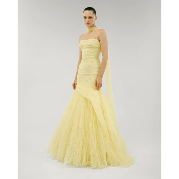 Marmar Halim Straless Fish Cut Tulle Draped Dress With Embroidered Sequin Dresses