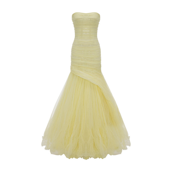 Marmar Halim Straless Fish Cut Tulle Draped Dress With Embroidered Sequin Dresses