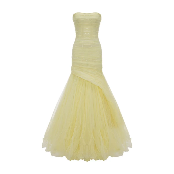 Marmar Halim Straless Fish Cut Tulle Draped Dress With Embroidered Sequin Dresses