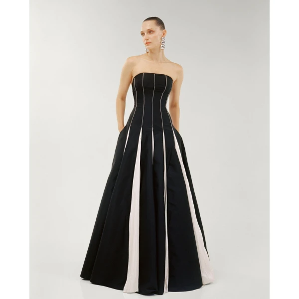 Marmar Halim Strapless A-Line Taffeta Dress With Piping Pleated Detail Dresses