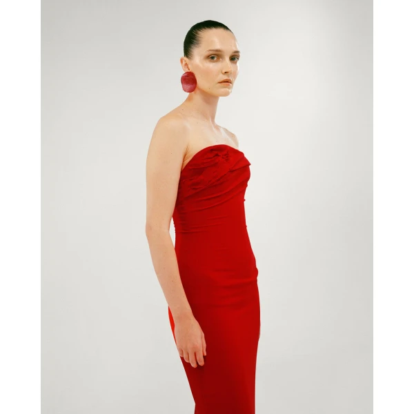 Marmar Halim Strapless Asymmetrcal Crepe Gown With Embroidered Petals Gowns