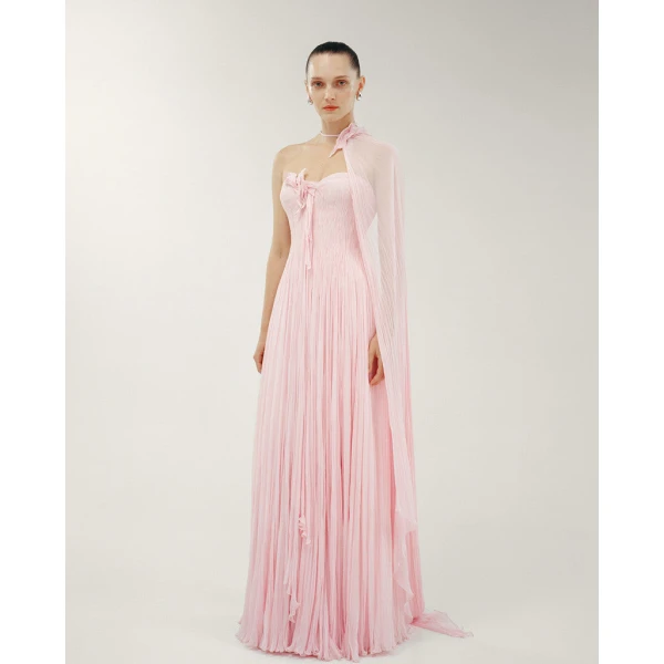 Marmar Halim Strapless Chiffon Georgette Dress With Embroidered Petals On Bust Dresses