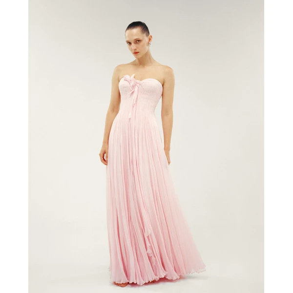 Marmar Halim Strapless Chiffon Georgette Dress With Embroidered Petals On Bust Dresses
