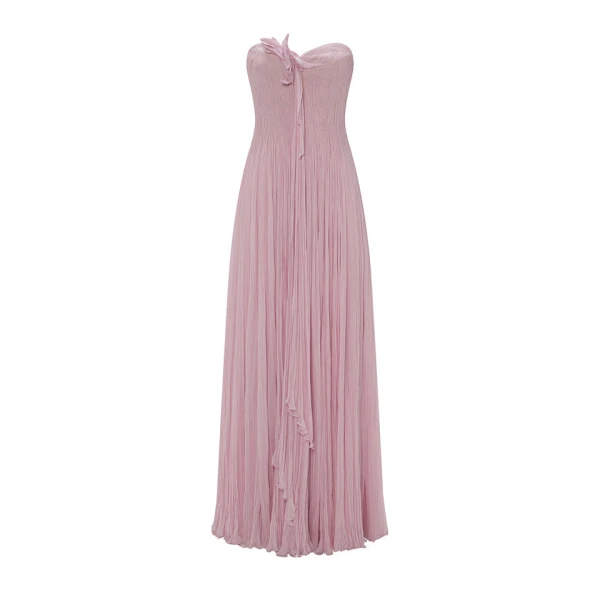 Marmar Halim Strapless Chiffon Georgette Dress With Embroidered Petals On Bust Dresses