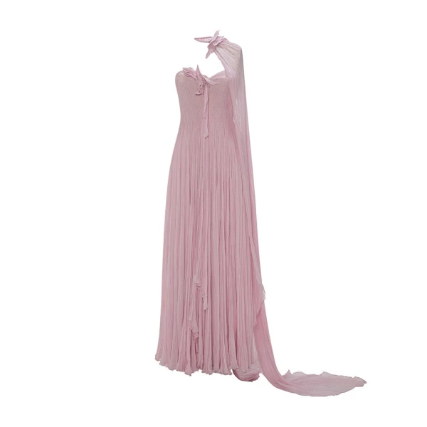 Marmar Halim Strapless Chiffon Georgette Dress With Embroidered Petals On Bust Dresses